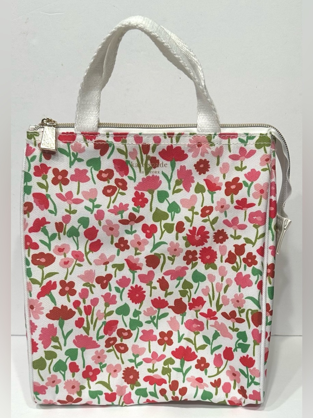 NEW, Kate Spade New York White/Red Floral Print Lunch Bag w/ Handle Zipper